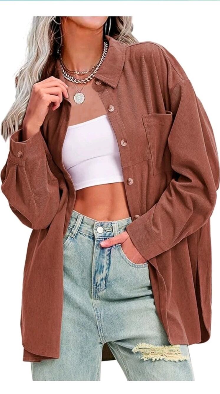 EXLURA Womens Shirts Oversized Button Down Long Sleeve Jacket Shackets Size L